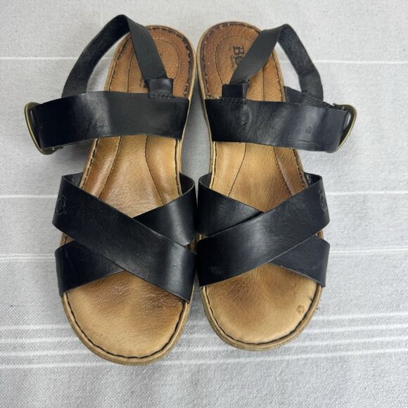 Born Aida Leather Strappy Wedge Slingback Sandals Comfort Lagenlook Black 8 - Picture 9 of 14